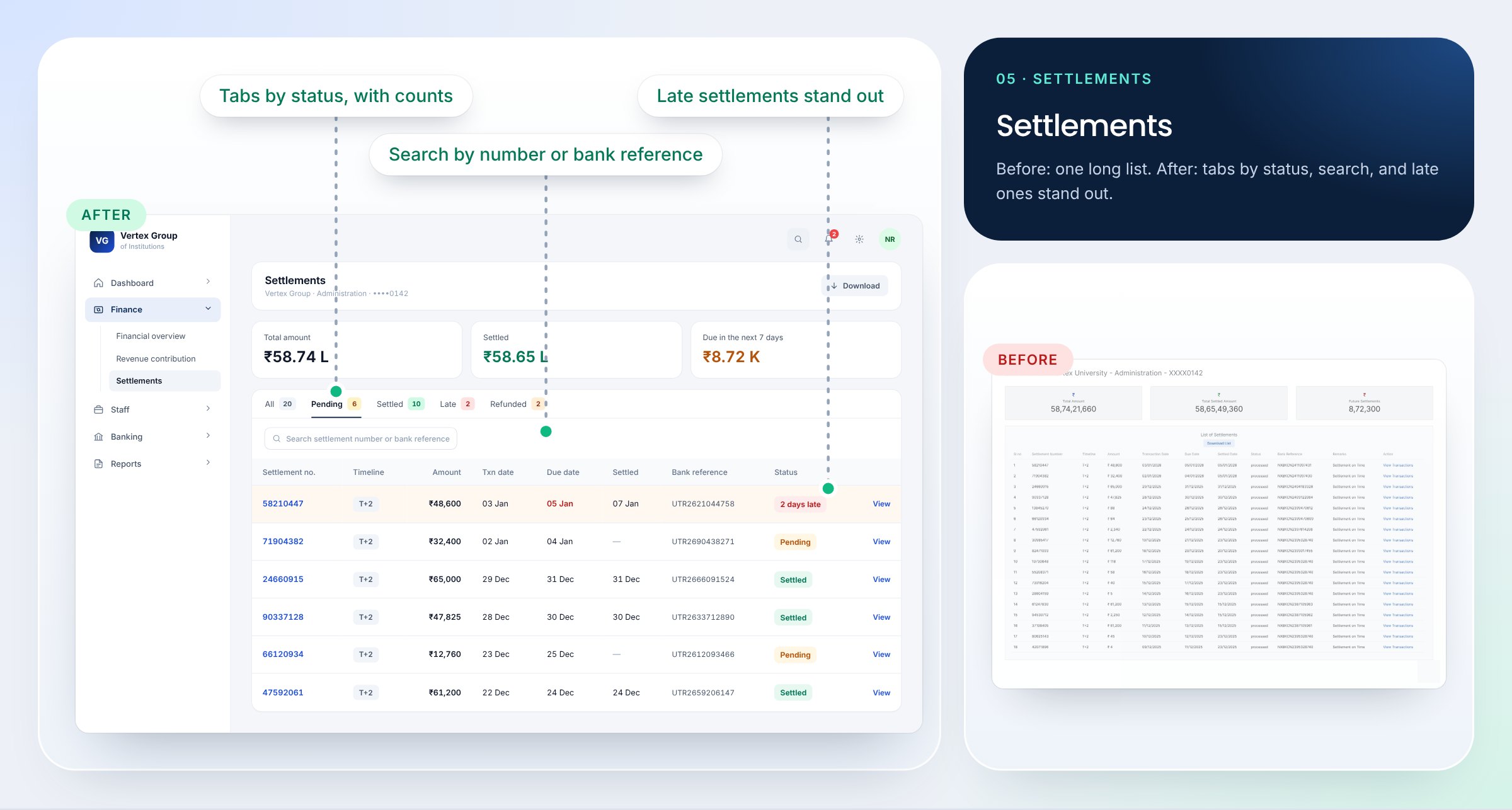 The old settlements list beside the new settlements screen with tabs and search
