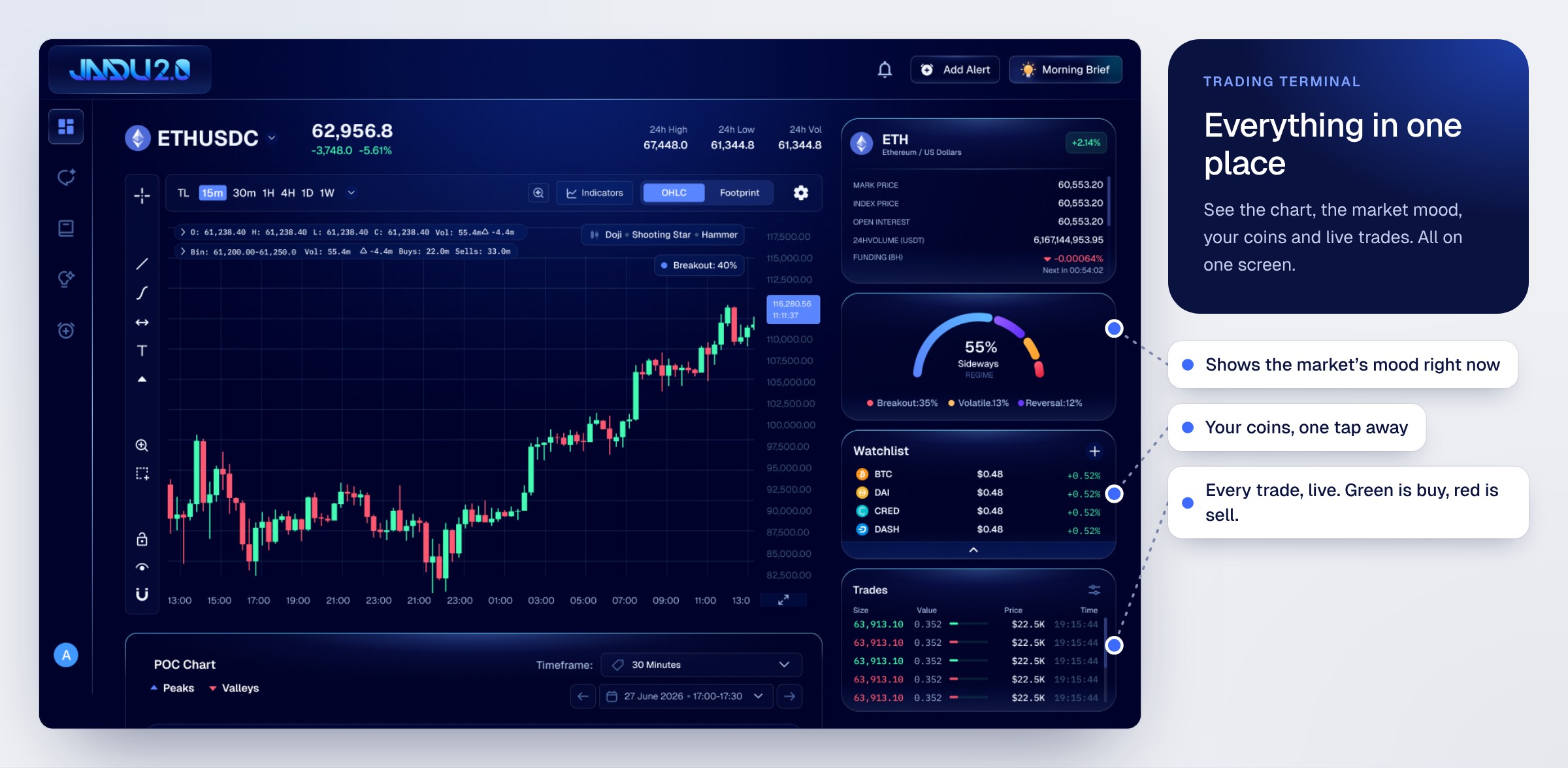 The trading terminal with the chart, market mood gauge, watchlist and live trades