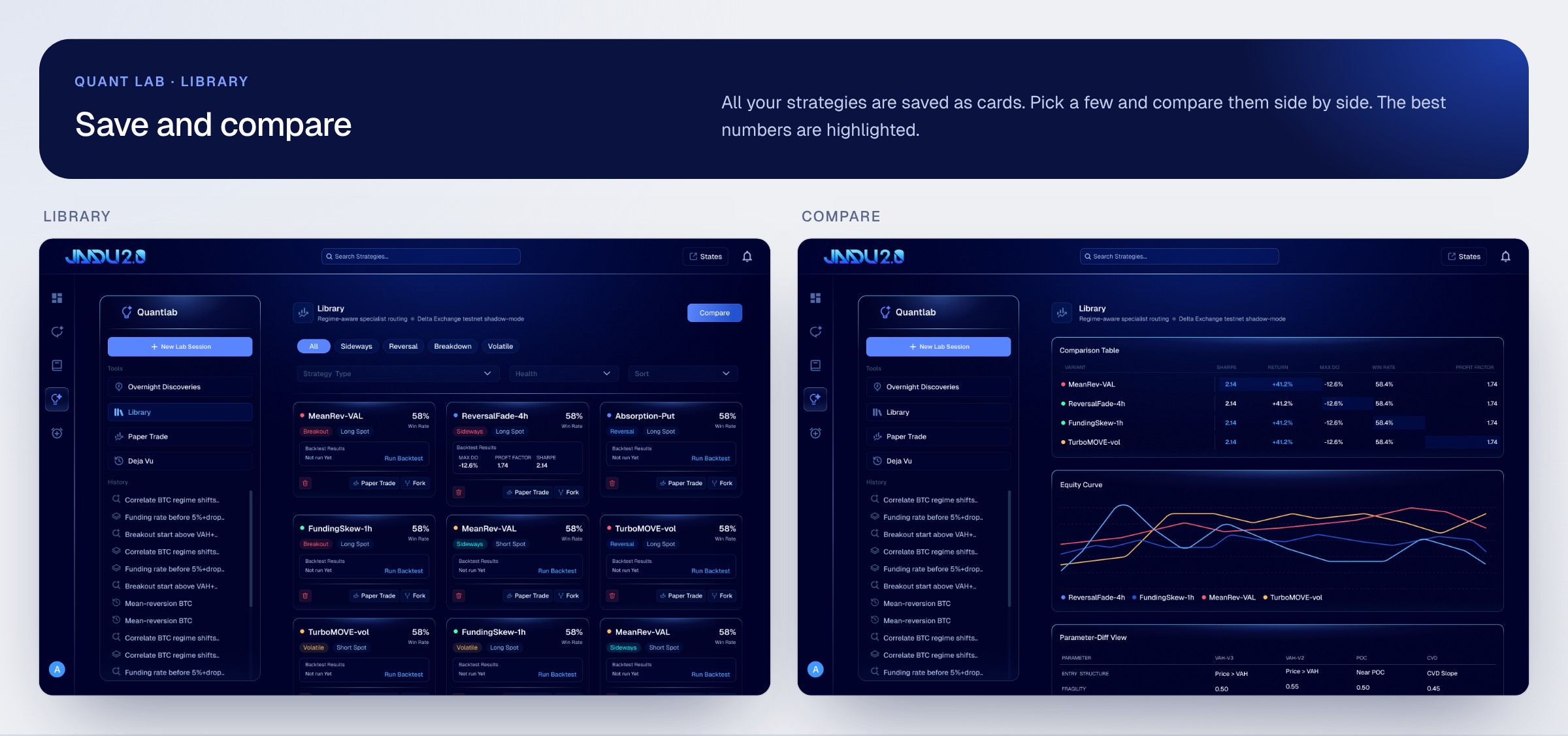 The strategy library and the comparison screen side by side