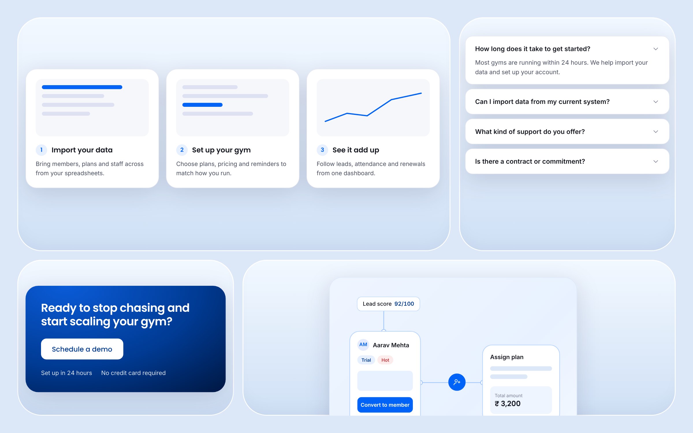 How it works steps, FAQ, a call to action and the lead follow-up flow as separate cards