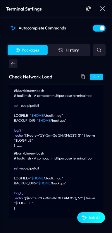The Check Network Load script open with Copy and Run