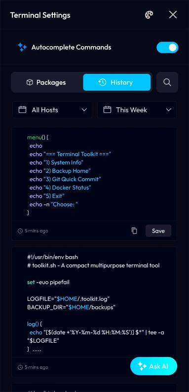 Command history filtered by host and week