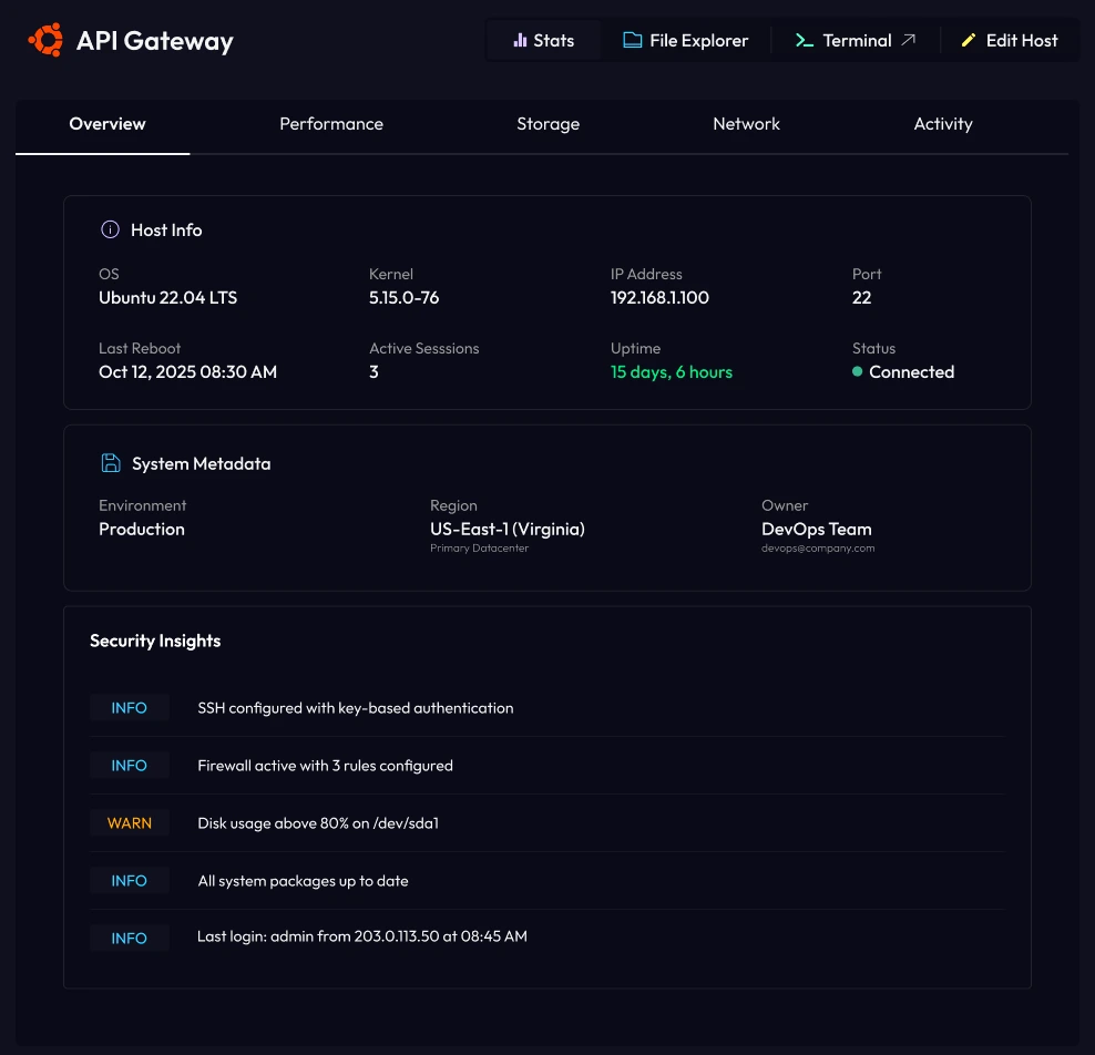 The API Gateway overview with host info, system metadata and security insights