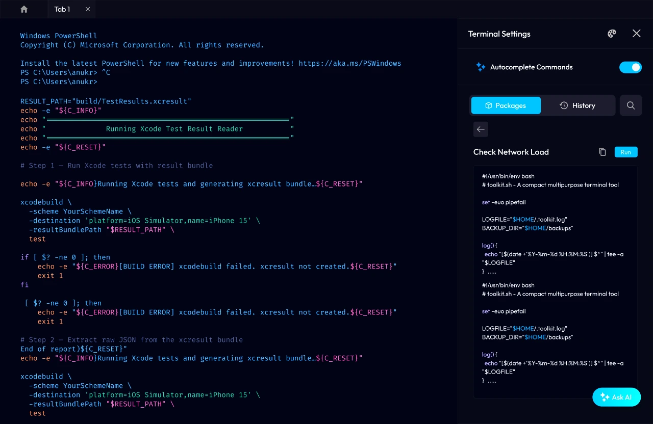 The terminal beside the Terminal Settings panel with a saved script ready to run